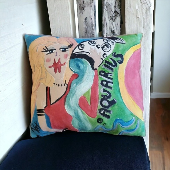 Vintage ZODIAC Accent Throw PILLOW AQUARIUS Hand Painted R Fox 9.5 X 10.… - Picture 1 of 12